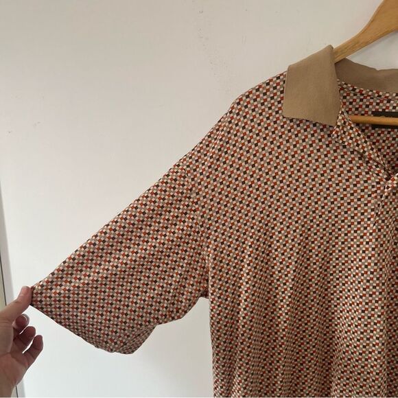 Bobby Chan Tan Orange Geometric Pattern Silk Cotton Blend Golf Polo Shirt - Picture 7 of 7